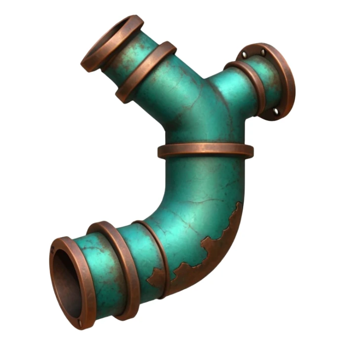 3D render of Garden Pipe, heavily oxidized copper texture, verdigris patina, Pipe joint with teal oxidation, weathered bronze aesthetic, ancient decay, emoji style, isolated on white background --v 6.0. sticker