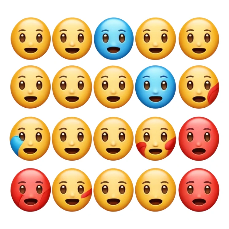 Generate a set of colorful, high-resolution emojis representing emotions like happiness, sadness, anger, love, surprise, and excitement. The emojis should have a glossy 3D style with smooth gradients, cute expressions, and clear facial features. Transparent background."
 sticker