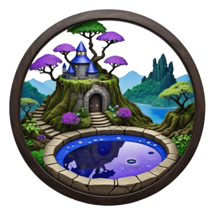 Crashed Alien saucer pool-castle jungle winding footpath mountainside getaway haunted nighttime landscape antique mudman very old broken cracked intricate Stone Age lapis-crusted irregular dodecagon-shaped shallow dark moss rough bark violet flowered maple treehouse bonsai sticker