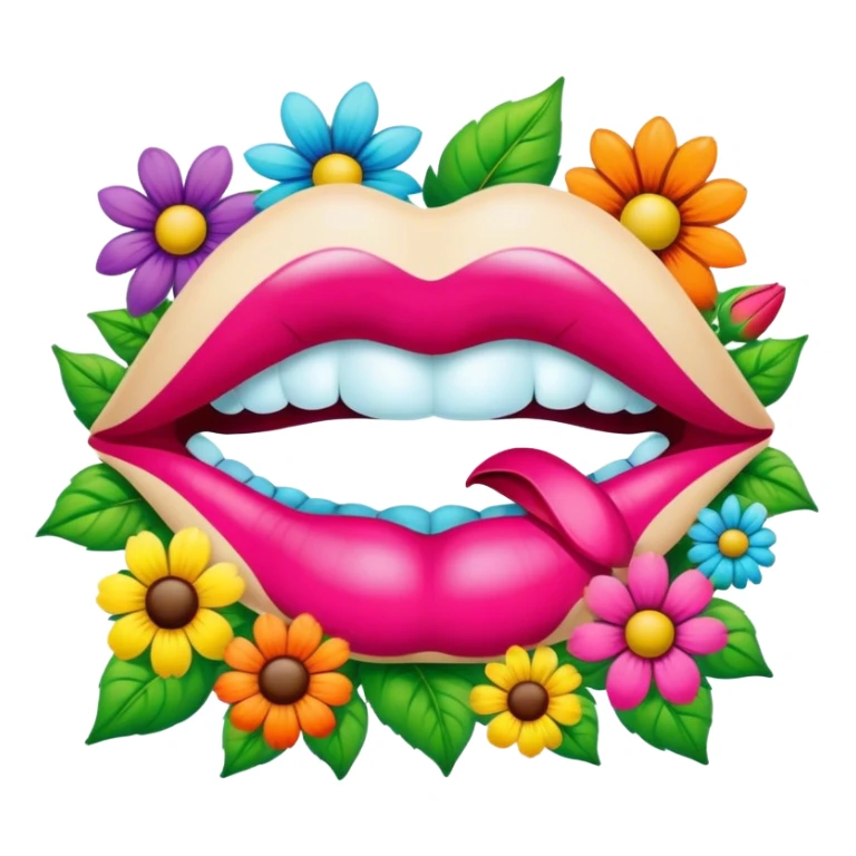 psychedelic colored pair of lips surrounded by hippie style flowers sticker