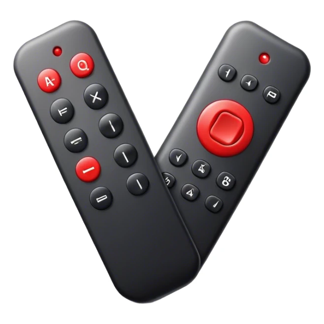 One big black tv remote control with red border, frontal face in  2 dimensions. The remote control have to have 4 buttons in black and one big one big red play button in the middle sticker