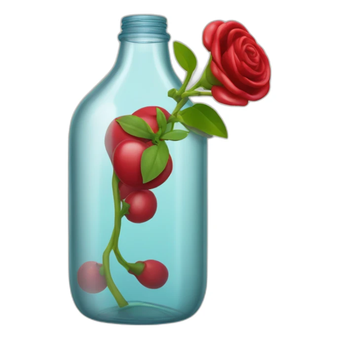 The bottom half of a plastic bottle cut in half as a vase that containing a reddish beverage inside sticker
