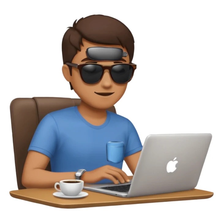 man in sunglasses typing on a laptop with a coffee cup beside him sticker