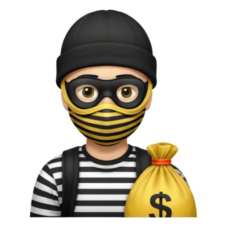 A Robber Emoji, the robber is Male, has a Black Beanie hat, has a shirt with black and white stripes, a black mask thing around his eyes, and a yellowish money bag on his hanging right shoulder, we can only see his upper body from his chest and his face he has no mask on his mouth and ha sticker
