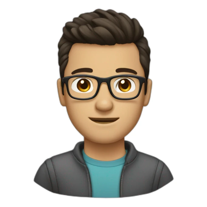 it guy with top knot hair cut, dark brown hair, dark brown eyes, has square glasses on sticker