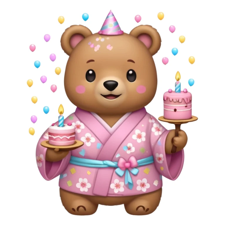 A cute light-brown bear wearing a pastel pink sakura-patterned kimono, normal balanced body ratio.  
Holding a small birthday cake with candles, smiling brightly with confetti and spark effects around.  
Kawaii emoji style, minimalistic clean sticker illustration, white background. sticker
