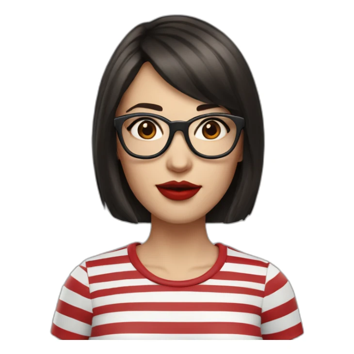 caucasian woman with square black glasses, straight dark brown bangs, red lipstick, blue and white striped t shirt sticker