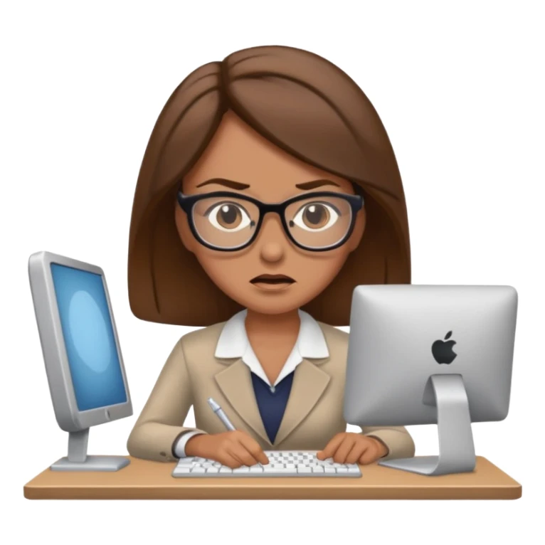 Uma mulher de cabelo castanho que é professora e um pouco brava a trabalhar no computador sem usar óculos sticker