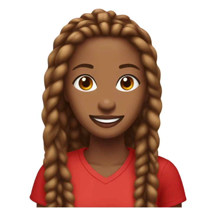 Light brown lady smiling,  brown long African braids, bright red lips, eyelashes, wearing red “happy Valentine’s Day” t shirt sticker