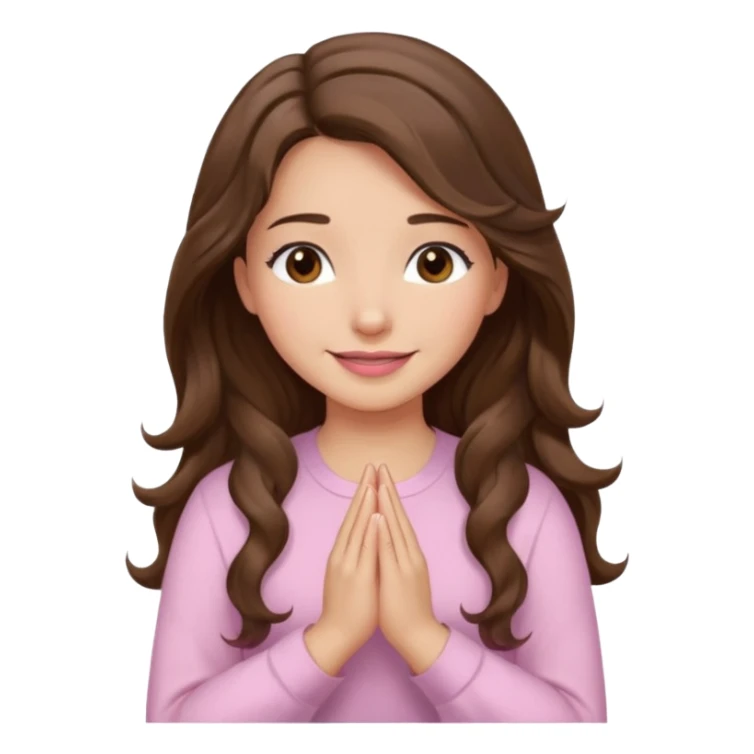 girl with wavy long brown hair, brown eyes, light to medium complexion, long lashes, light pink lipstick, praying, smiling, wearing light pink shirt sticker