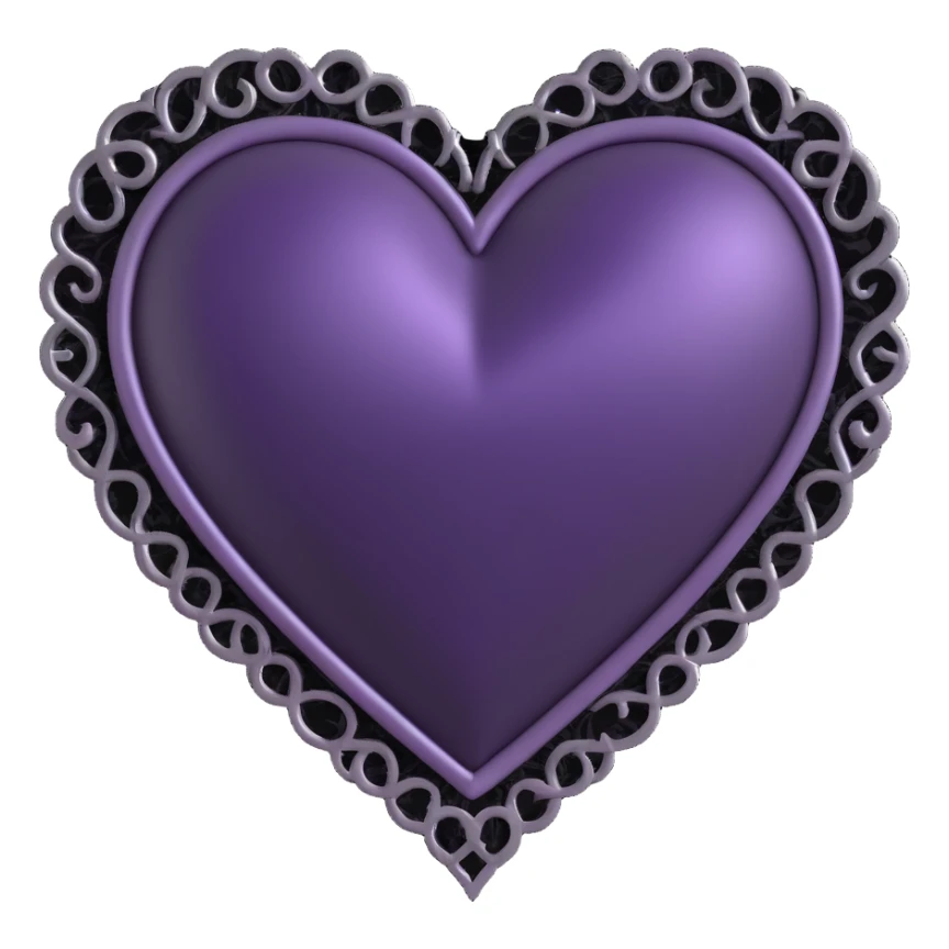 3D emoji gothic heart, deep purple satin texture, ornate silver filigree, black lace trim, moody and elegant style, faint purple glow sticker