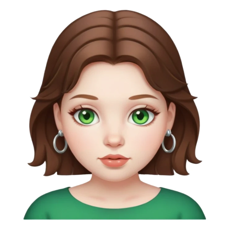 Brown haired girl, pale skin, green eyes, plump lips, blushed cheeks, silver hoops sticker
