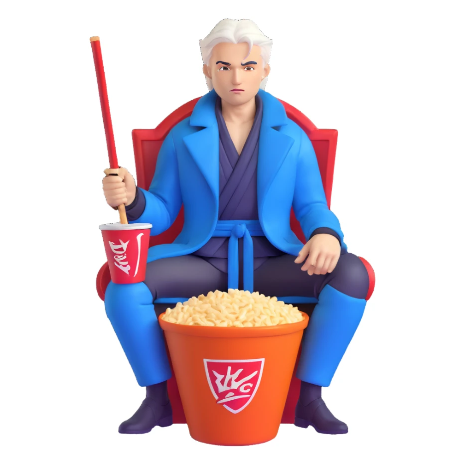 Vergil from Devil May Cry sitting in a KFC bucket, blue coat, white hair, katana sticker