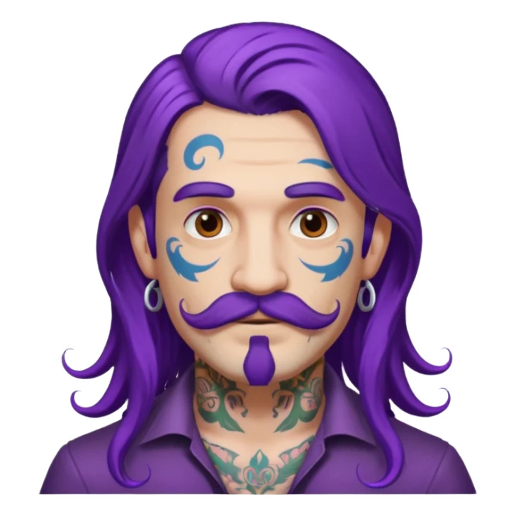  long purple haired man, mustached and face tattoes, handsome sticker