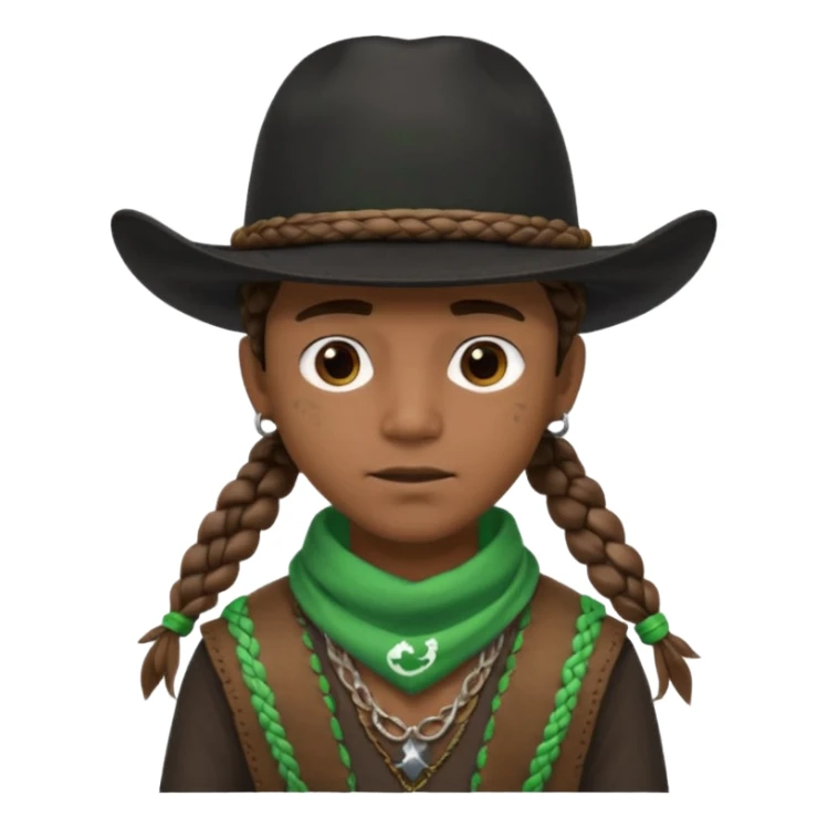 Black boy with 3 braids on each side of face wearing a black cowboy hat with green bandana around his neck sticker
