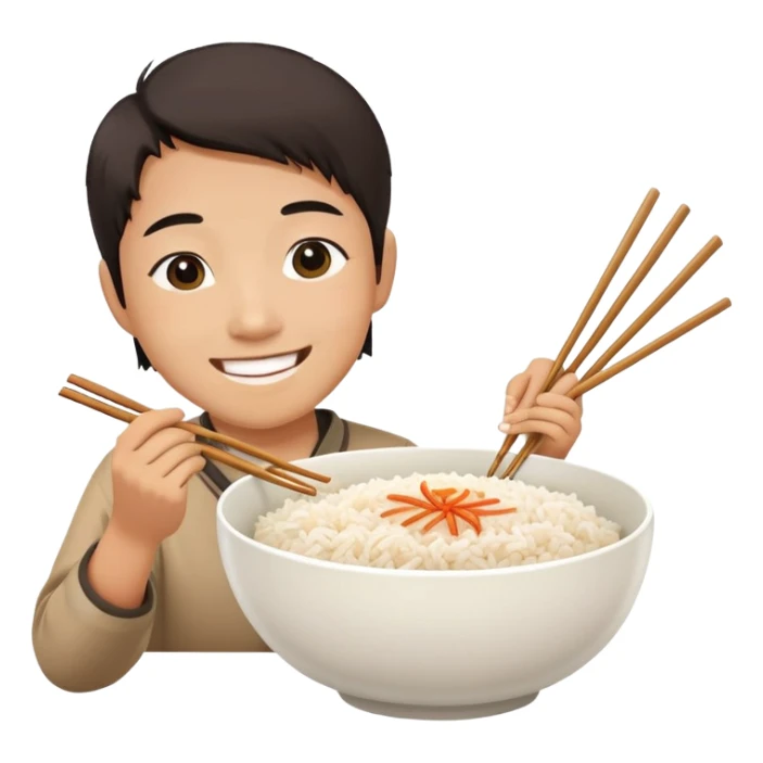 Asian person eating a bowl of rice smiling sticker