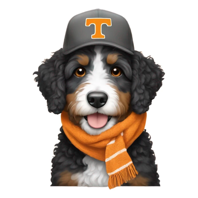 Bernedoodle with University of tennessee hat and scarf sticker