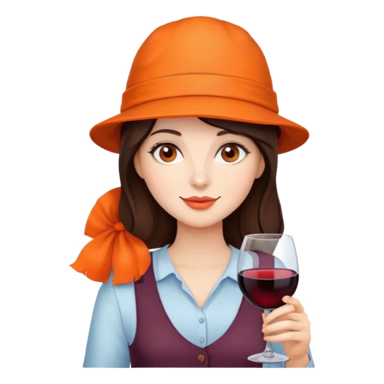 brunette with orange hat on and red wine sticker