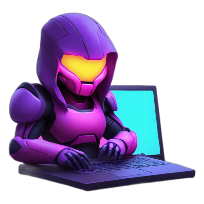 Girl developer behind his laptop with this style : Nintendo Samus Video game neon glowing bright purple character pink black hooded hacker themed character sticker