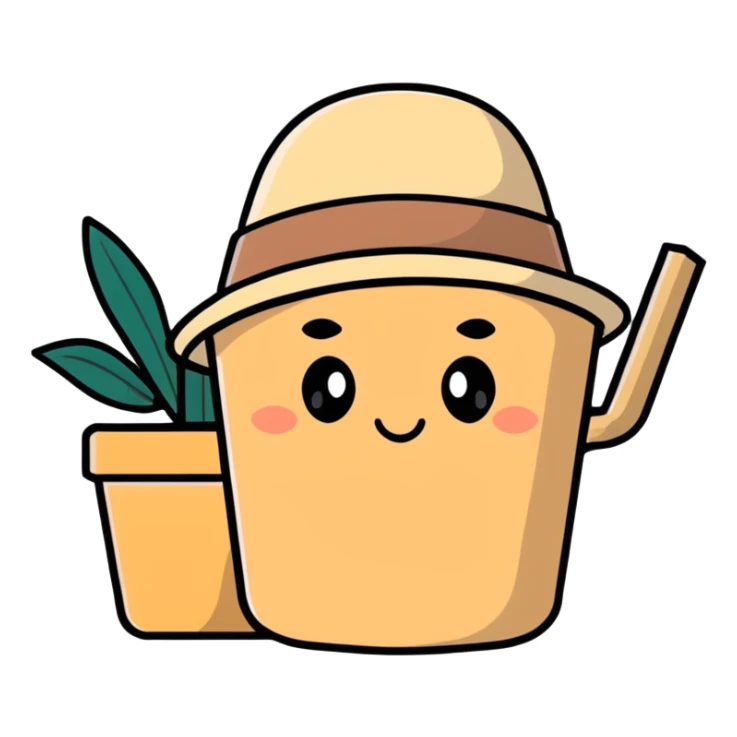 beige aesthetic coffee cup, journal, plant pot, and straw hat sticker