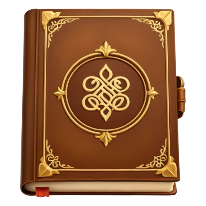"An open antique leather-bound book with golden edges and calligraphy, detailed embossing, Victorian style, warm brown and gold palette." sticker