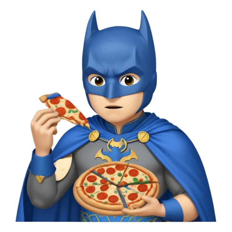 batman, wearing blue ancient chinese custome, with pizza sticker