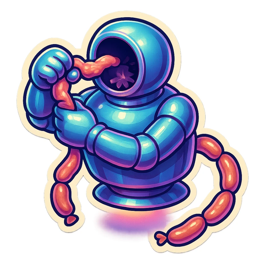 hovering robot. stuffs material into large hole on its top with 2 arms. no head. hole is where a head would be. spinning gears and blades in hole grind material. sausage links come our of hole on backside.  3/4 view. between realism and cartoon. well lit. no dramatic lighting. metallic shiny robot. works diligently. dark humor sticker