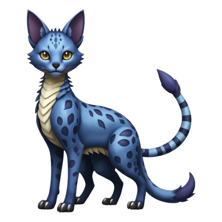 Epic complex knightly divine glorious futuristic detailed dark dusky gloomy deep gothic indigo, realistic Fakémon-Sprigatito-Floragato-Meowscarada-Trico-Sergal-Serval-Vernid-creature (full body) sticker