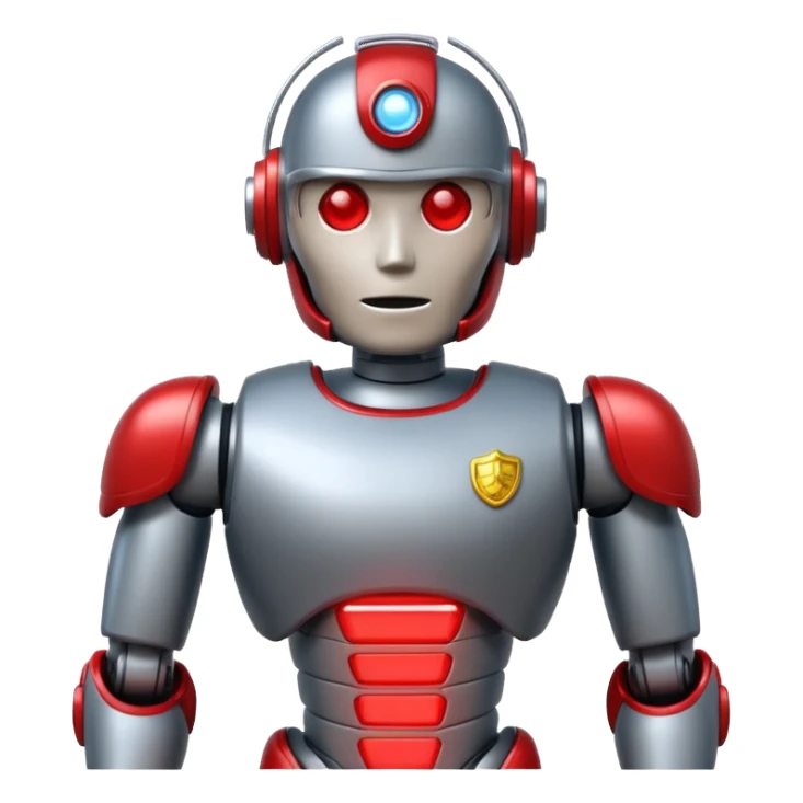shiny muscular robot with a red police light head, facing left, emoji style sticker