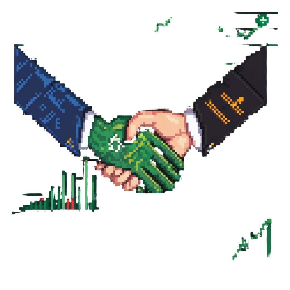 icon representing new economic politics with abstract symbols like currency, graphs, and handshake sticker