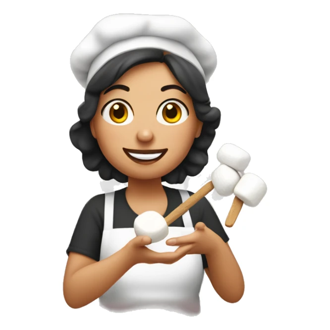 Italian woman looking  holding a marshmallow cooking marshmallows in kitchen sticker