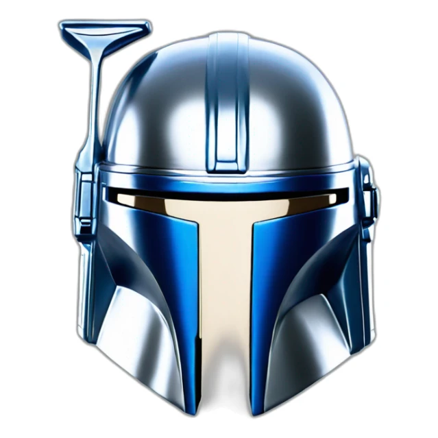 shiny silver king mandalorian helmet with blue sticker