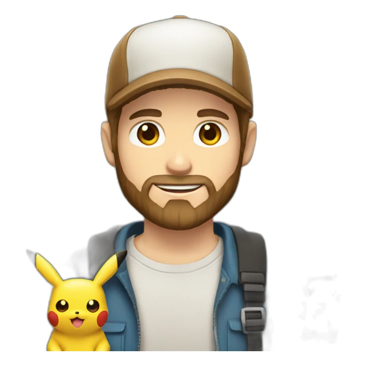 white man with brown hair and beard holding a pikachu pokemon sticker
