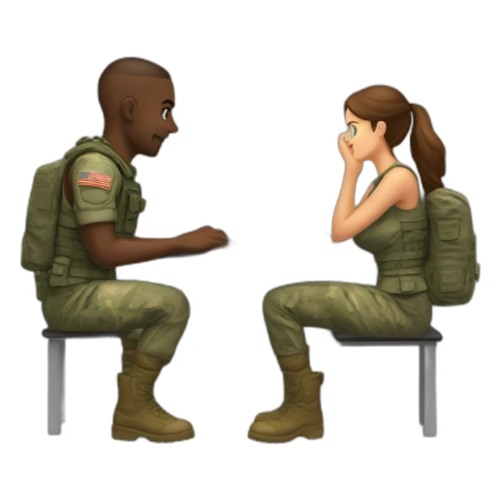 A soldier playing computer game while his non-soldier girlfriend waits for ge sticker