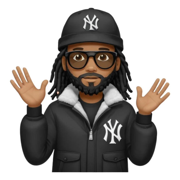 African American man with shoulder length black dreadlocks with black beard wearing black sunglasses wearing a black bubble winter coat wearing a New York Yankees baseball hat with his hands out sticker