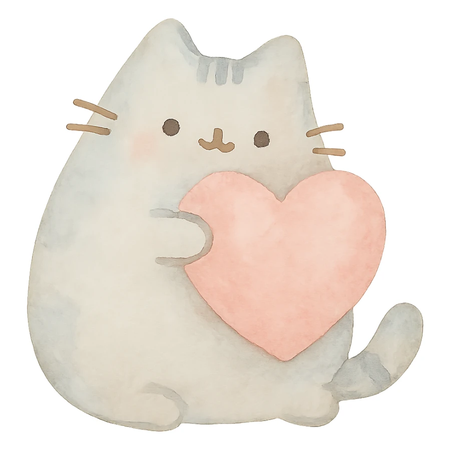 Pusheen hugging a big heart, pastel colors, adorable, watercolor art style sticker
