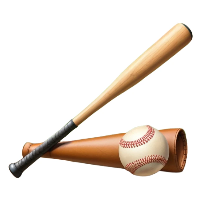A baseball bat, ball, and glove resting on the ground, set against the backdrop of a baseball field. The scene captures the iconic equipment of the sport, with the field in the distance and a bright sky above, evoking the spirit of the game. sticker