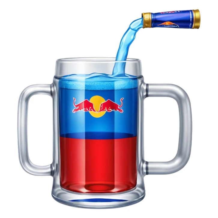 Large clear glass mug similar to beer stein with bright blue liquid inside. Put an upside down redbull can sticking out of the top of the mug sticker
