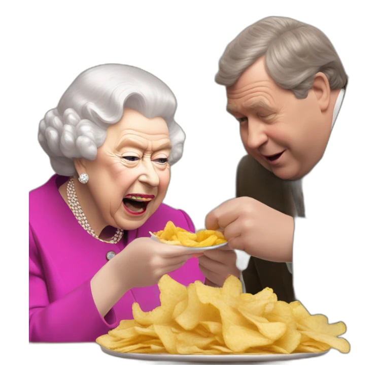 Queen Elizabeth II eating chips and gravy with Russell grant sticker