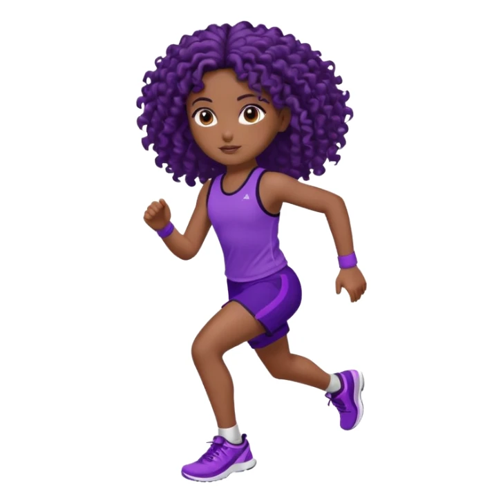 Uma boneca morena escura com olhos castanhos e cabelo cacheado longo até o peito, treinando correndo a roupa top roxo com detalhes preto e short roxo com detalhes preto sticker