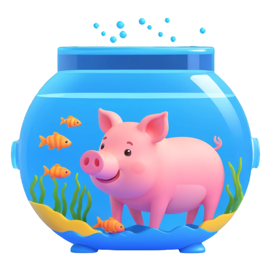 little pig swimming inside a transparent fish tank, cartoon style, bright colors, suitable for emoji sticker