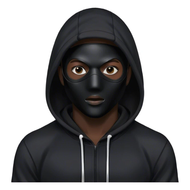 man with black full face plastic mask and black hoodie sticker