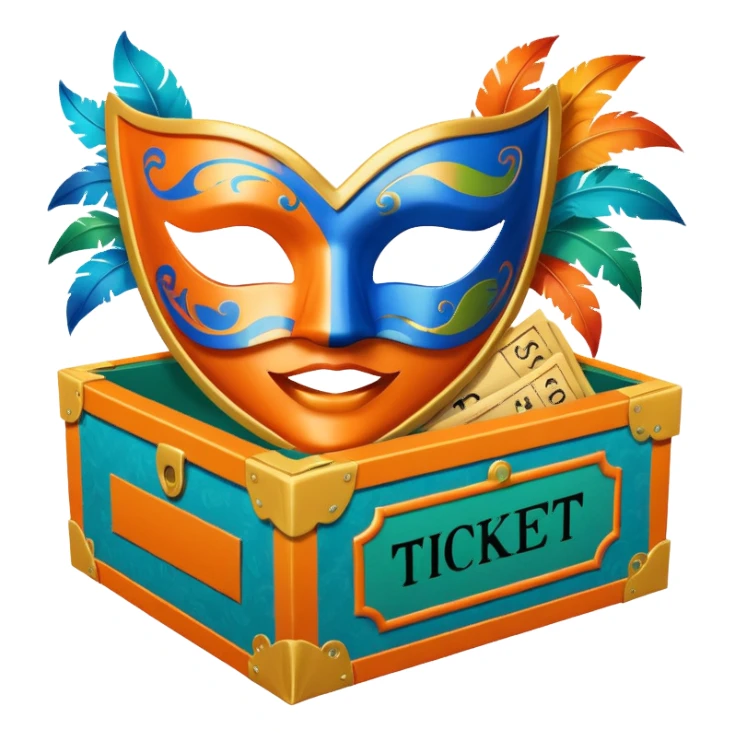 a box and a carnival mask in orange, blue and green with tickets as a bundle sticker