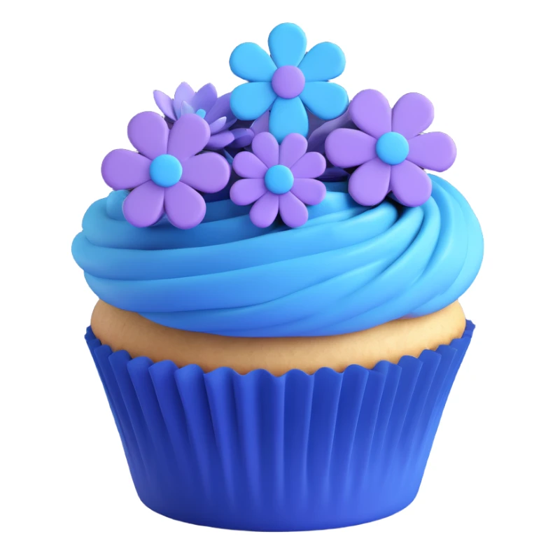 Transform this cupcake with blue flowers into an iOS 18 style 3D emoji model, featuring ultra-realistic 3D shading, smooth rounded shapes, and a vibrant blue and purple color palette. sticker
