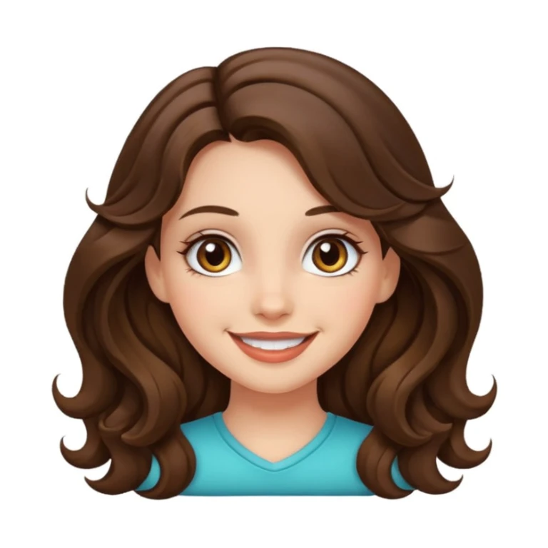 a girl with long wavy brunette hair, hazel eyes, cute make up sticker