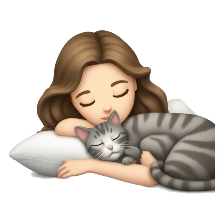 White girl brown hair sleeping with light grey kitty sticker