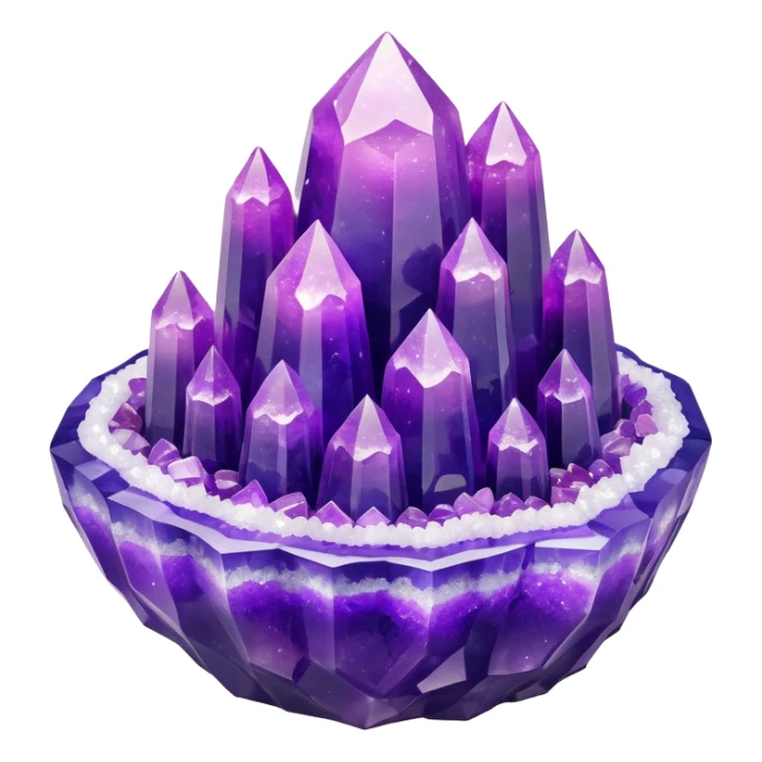 3D render of Rock Candy Geode, made entirely of dessert materials, glistening sugar crystal texture, jagged translucent purple sugar crystals, delicious confectionery aesthetic, Apple emoji style, isolated on white background --v 6.0. sticker
