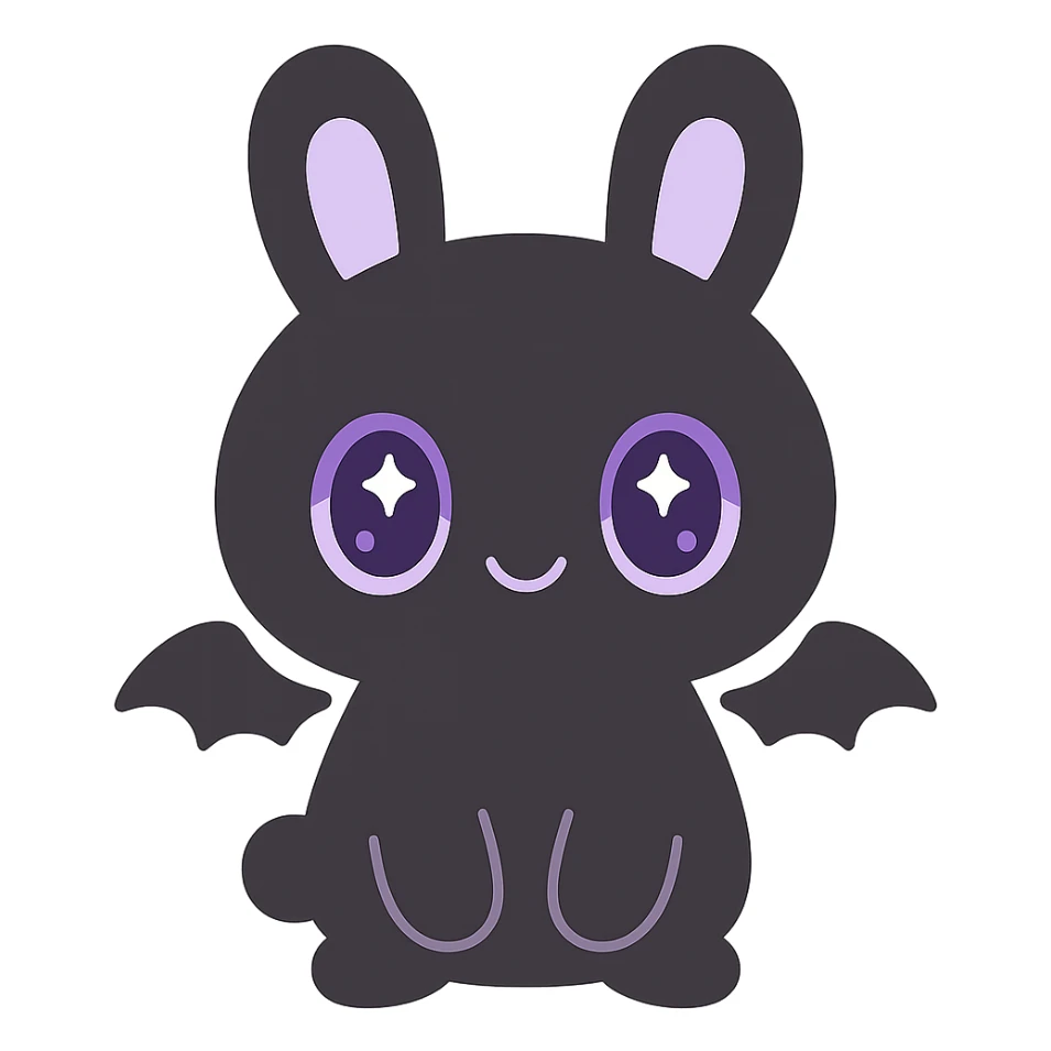 kawaii style gothic bunny, cute face, black fur, purple eyes, tiny bat wings, playful and mysterious sticker