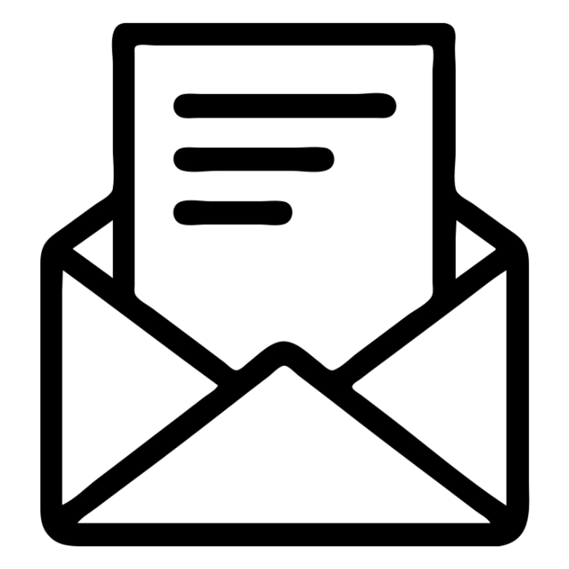 e-mail icon, envelope with paper, outlined, clean lines, black outline style sticker