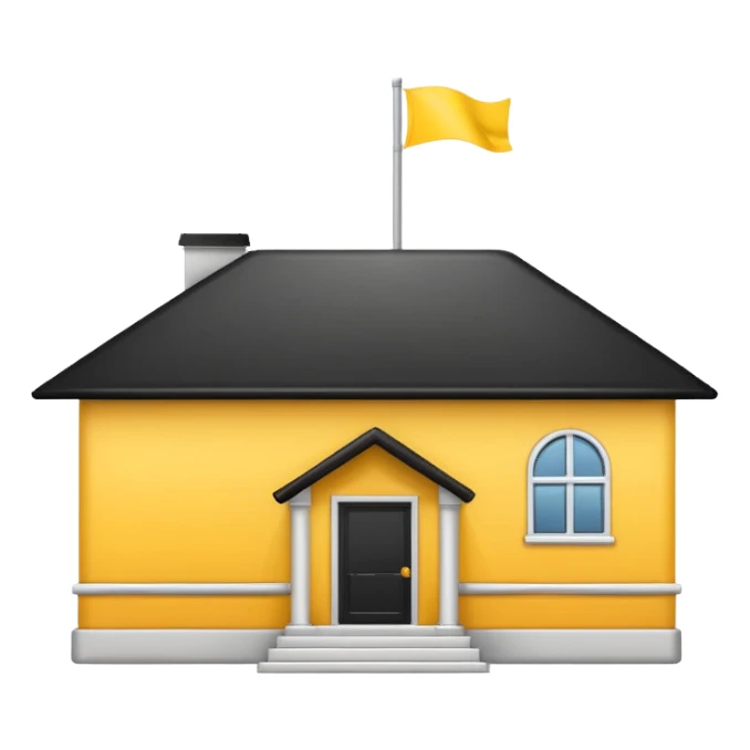 simple school, white background, magic school, black roof, with a big flag, big flag on a roof, big yellow flag, white school sticker